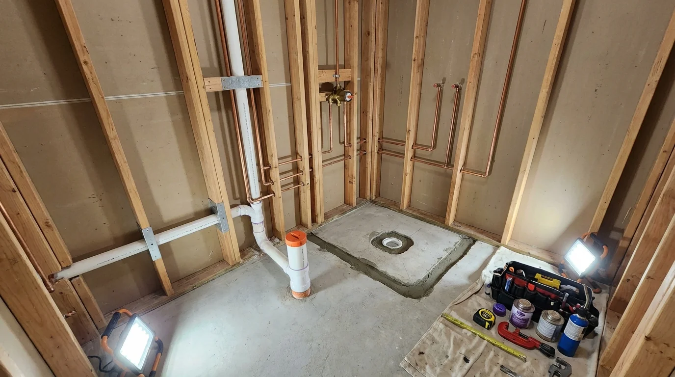 Bathroom rough-in plumbing during remodel by Johns Plumbing LLC in Remington