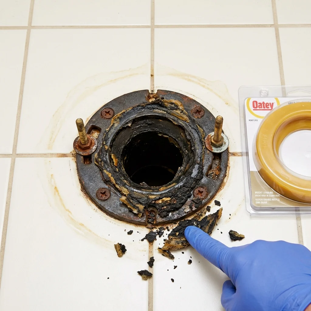Failed wax ring showing water seepage at the base of a toilet in a Remington, IN home
