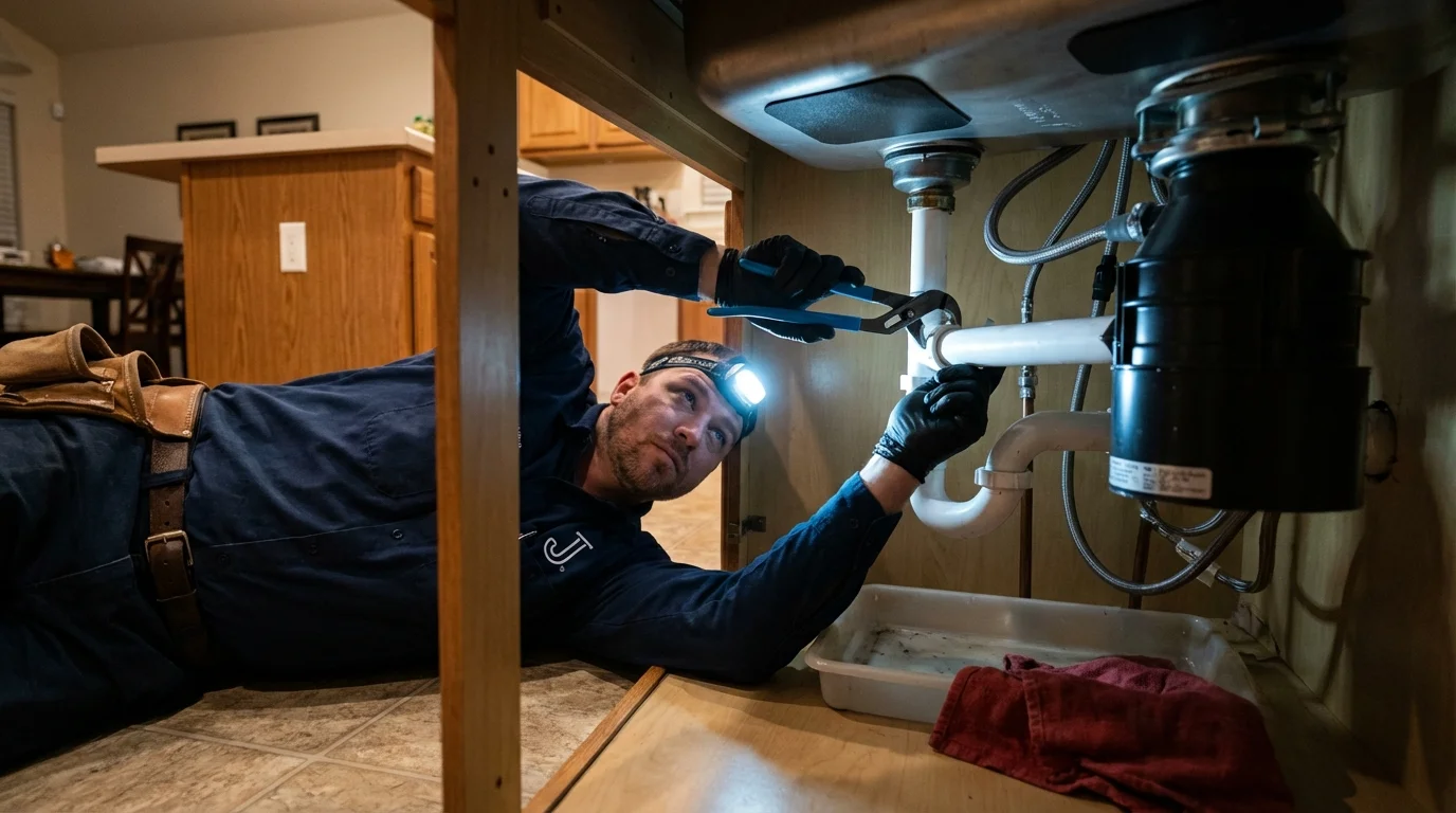 P-trap and supply line connections under a kitchen sink showing a common leak point in Remington, IN